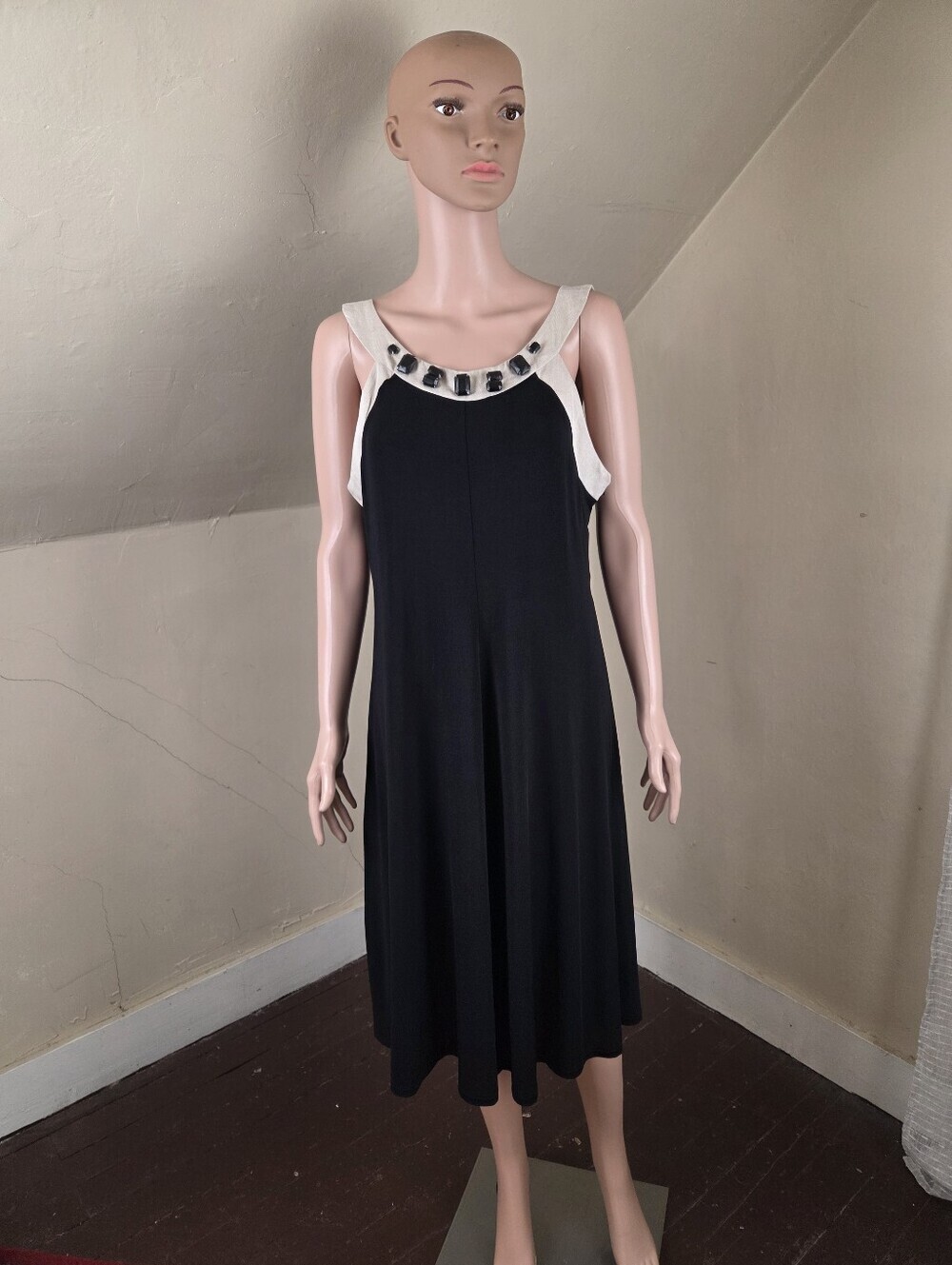 Max Mara Studio XL Black Beige Jewel Neck Sleeveless Swing Dress Stretch Midi
